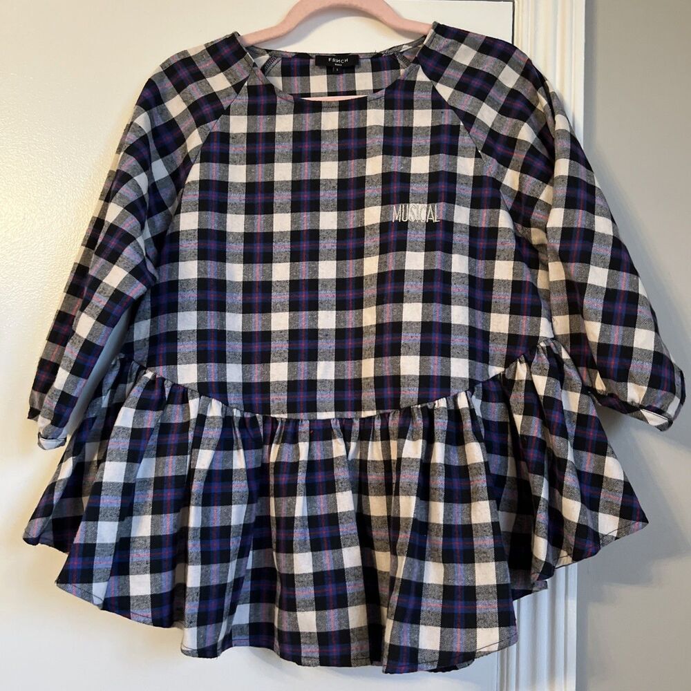 FRNCH Paris S Plaid Flannel Shirt Cotton Blend Embroidered MUSICAL/ EXCELLENT